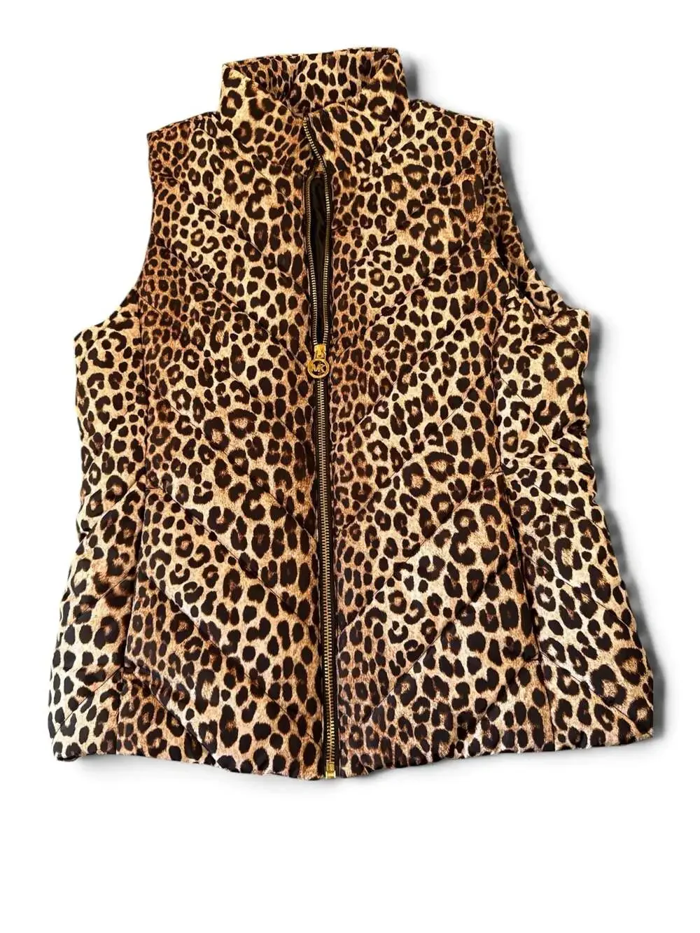 Michael Kors Women's Leopard Print Quilted Puffer Vest with Logo Zipper Pull